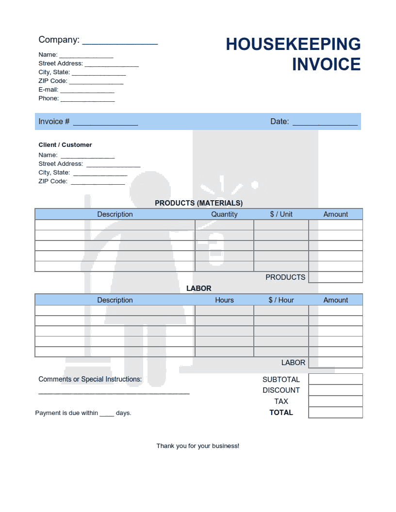 Housekeeping Invoice Template Word | Excel | PDF