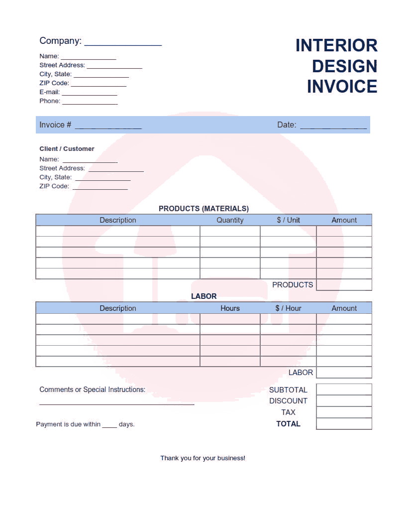 Interior Design Invoice Template Word | Excel | PDF