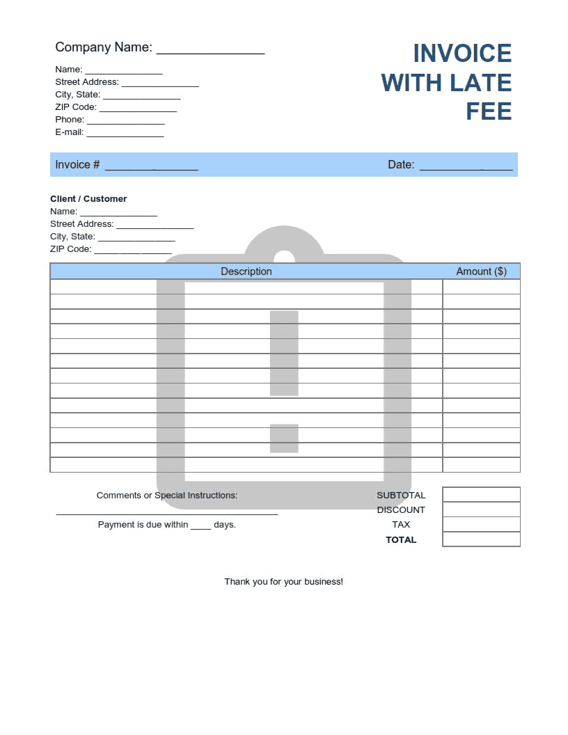 Invoice with Late Fee Template Word | Excel | PDF