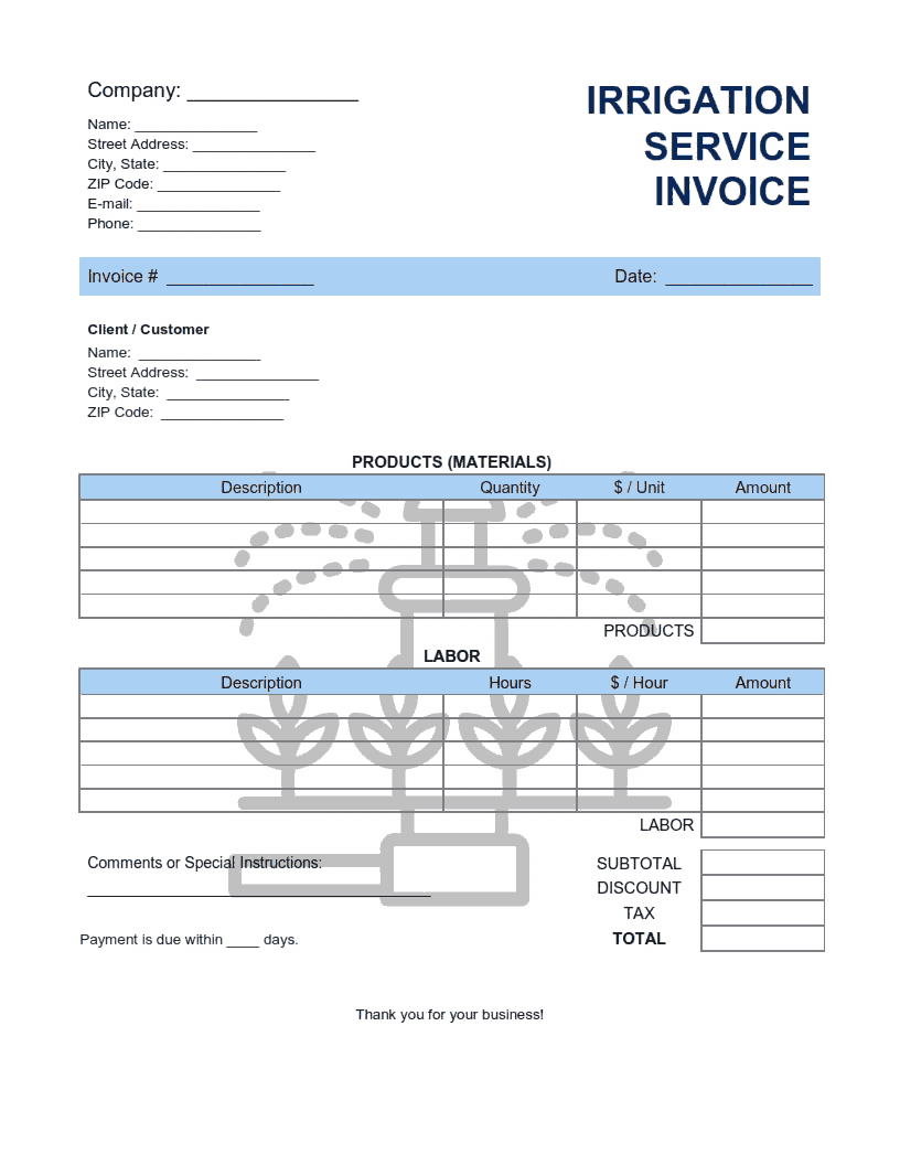 Irrigation Service Invoice Template Word | Excel | PDF