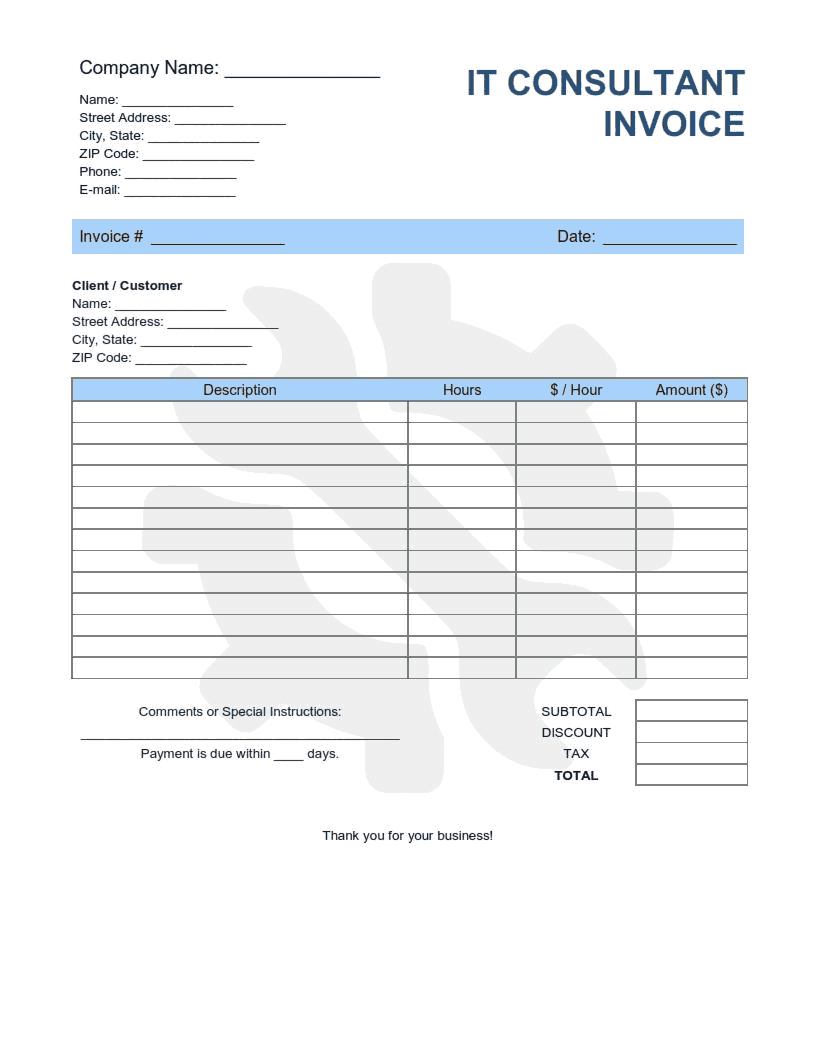 IT Consultant Invoice Template Word | Excel | PDF