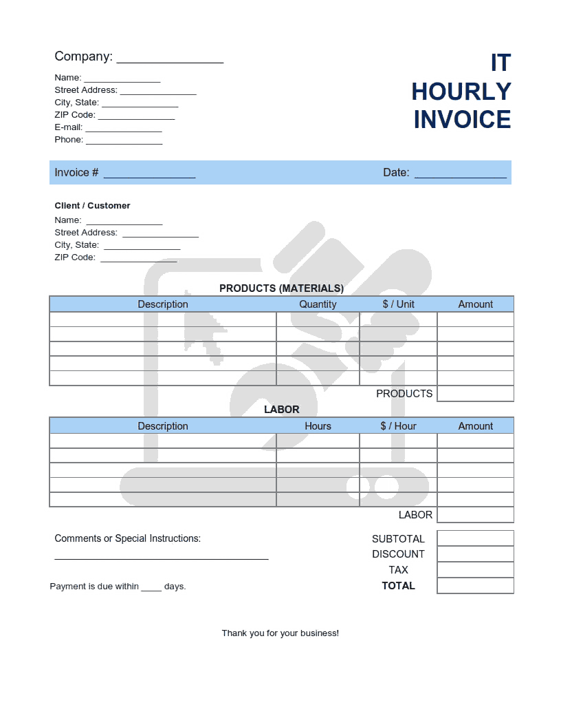 IT Hourly Invoice Template Word | Excel | PDF