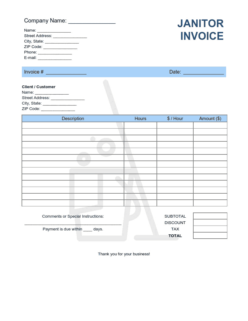 Janitor Invoice Template Word | Excel | PDF