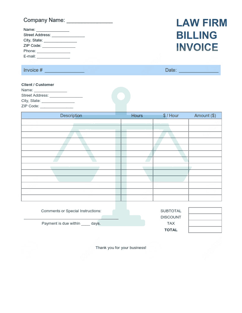 Law Firm Billing Invoice Template Word | Excel | PDF