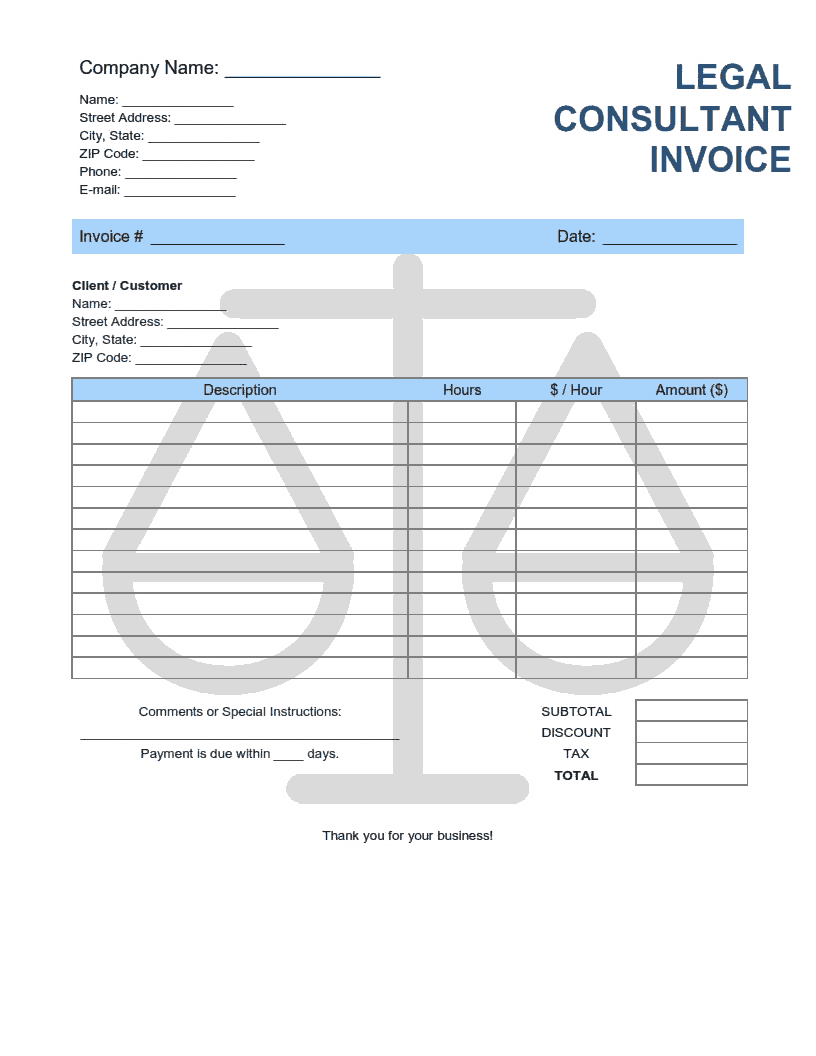 Legal Consultant Invoice Template Word | Excel | PDF