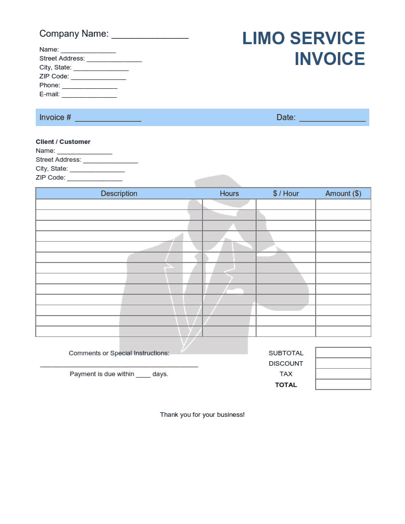 Limo Service Invoice Template Word Excel PDF Free Download Free