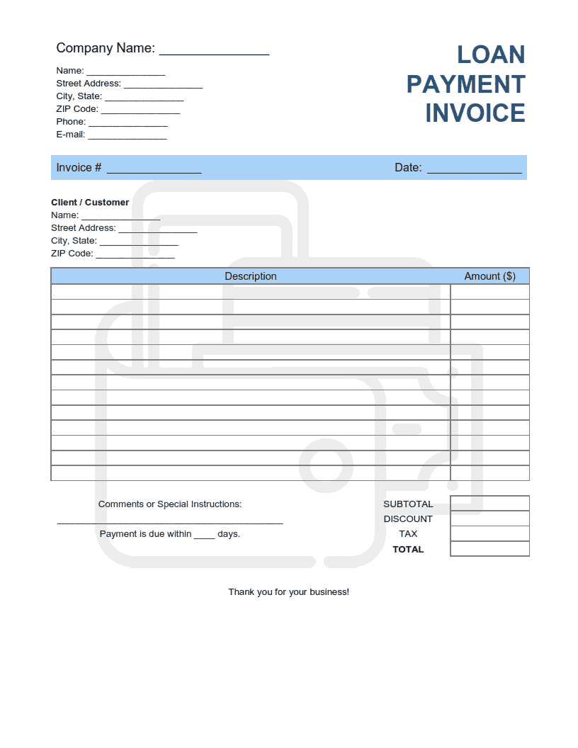 Loan Payment Invoice Template Word | Excel | PDF