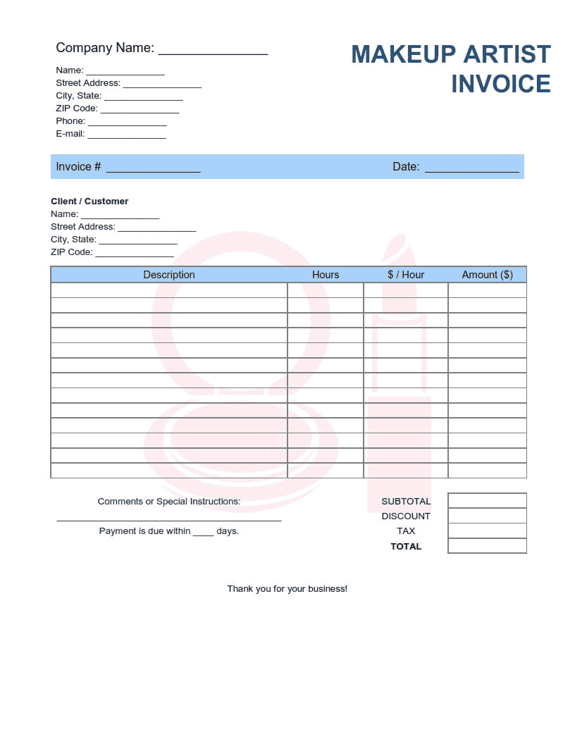 Makeup Artist Invoice Template Word | Excel | PDF