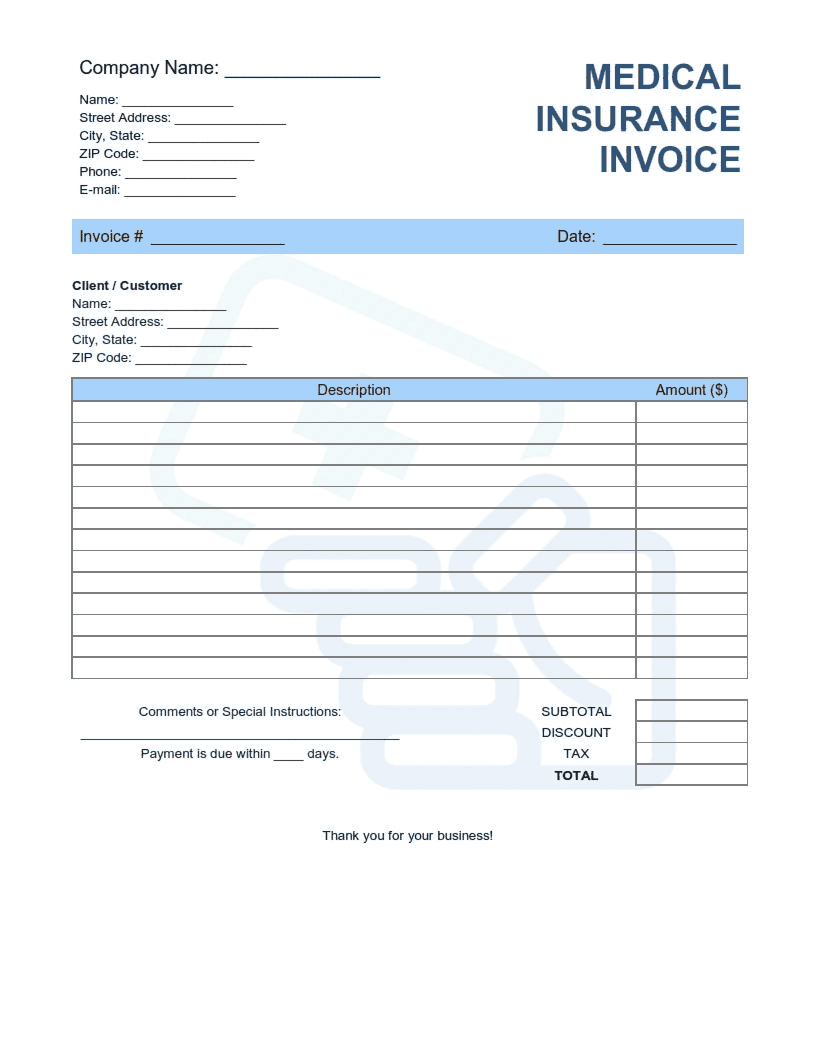 Medical Insurance Invoice Template Word | Excel | PDF
