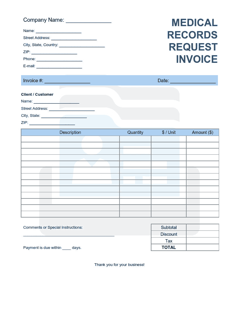 Medical Records Request Invoice Template Word | Excel | PDF