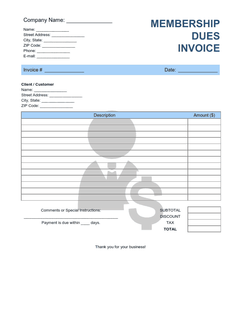 Membership Dues Invoice Template Word | Excel | PDF