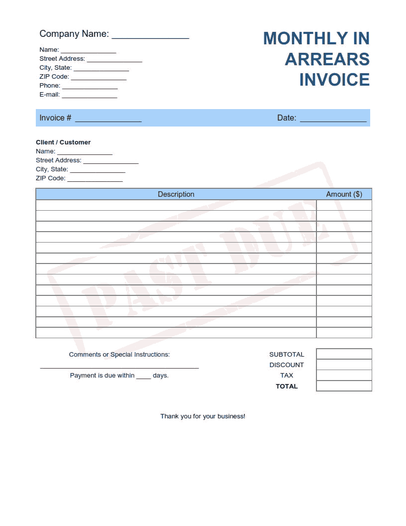 Monthly In Arrears Invoice Template Word | Excel | PDF