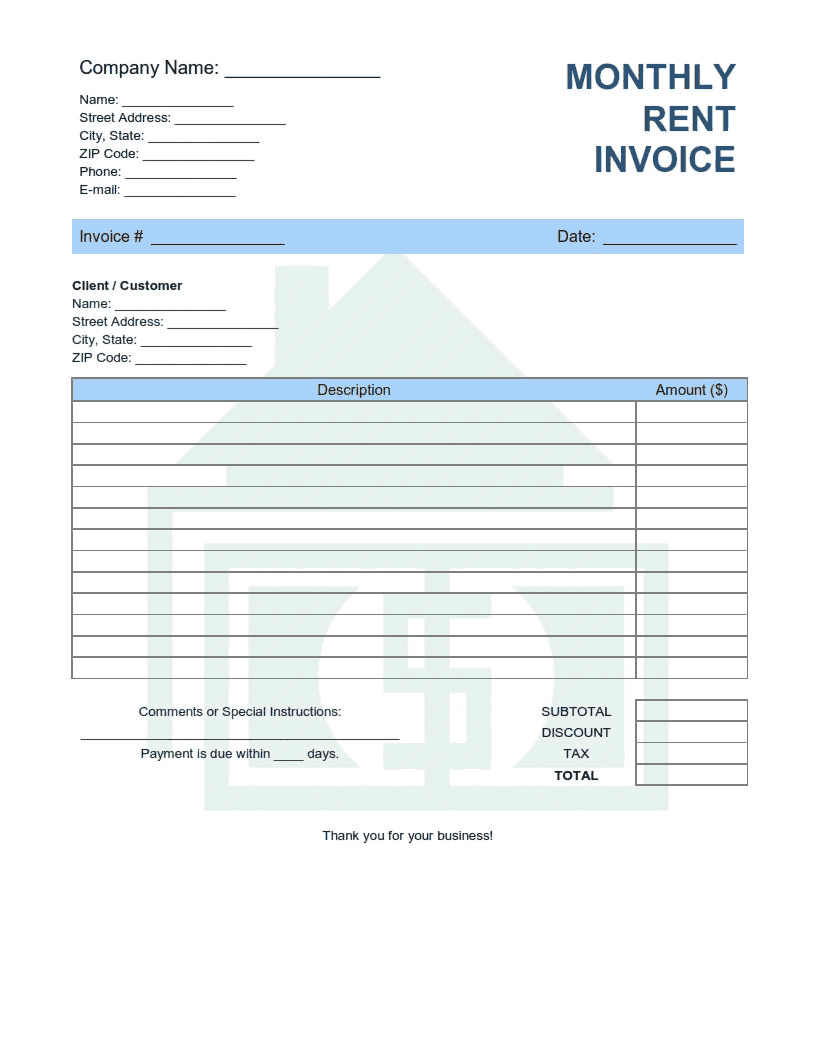 Monthly Rent Invoice Template Word | Excel | PDF