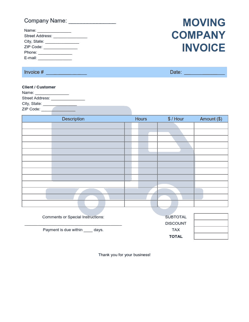 Moving Company Invoice Template Word Excel PDF Free Download Free PDF Books
