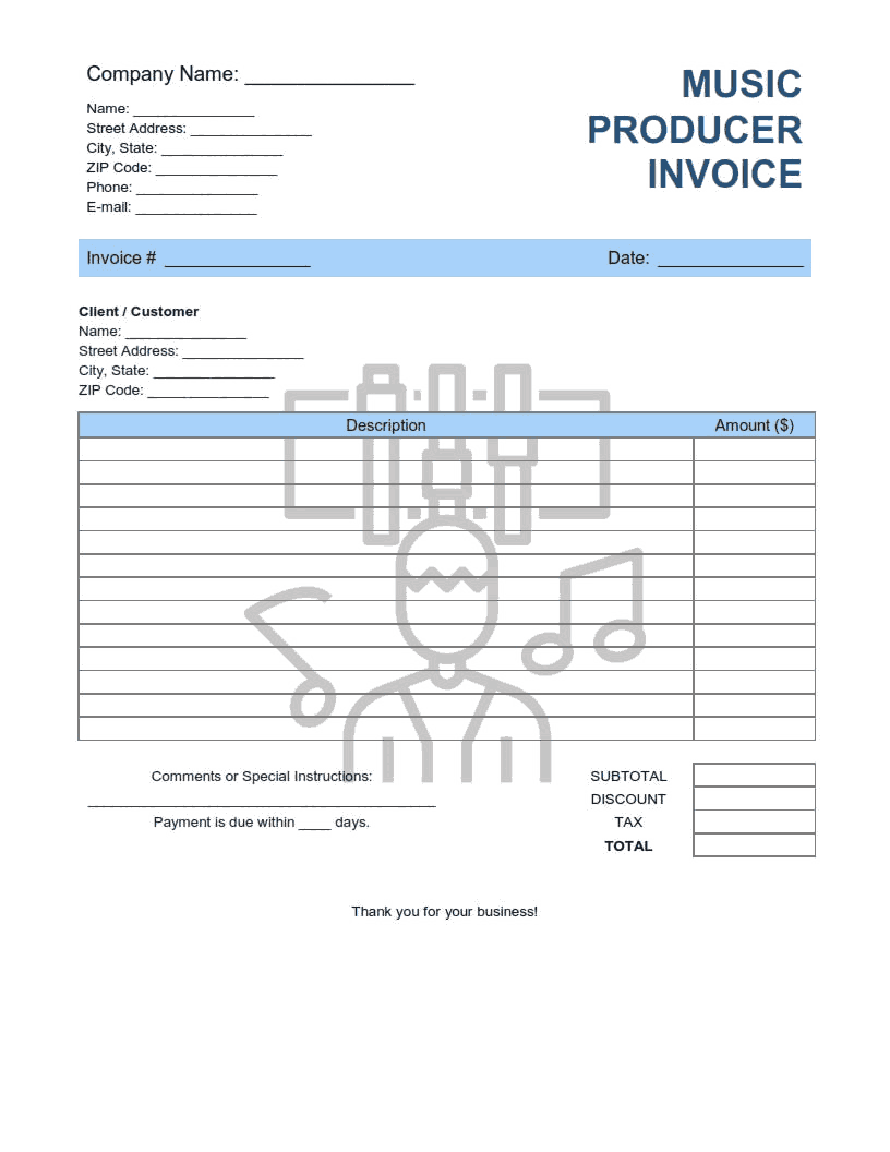 Music Producer Invoice Template Word | Excel | PDF