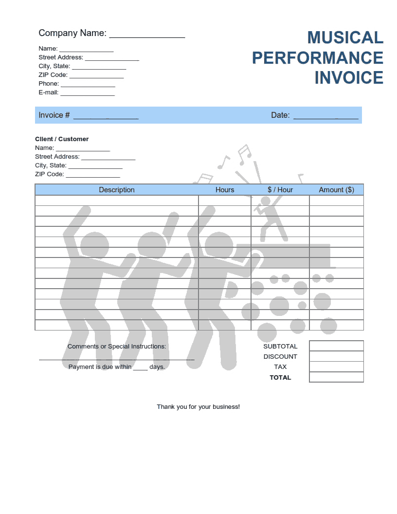 Musical Performance Invoice Template Word | Excel | PDF