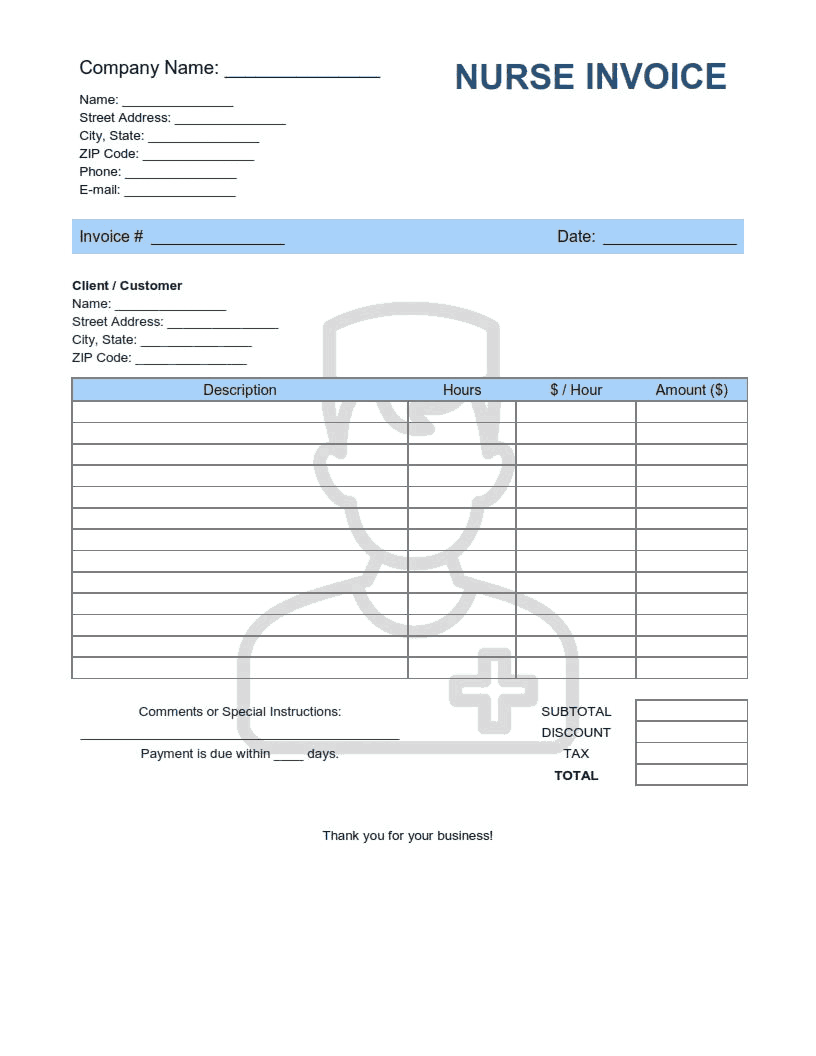 Nurse Invoice Template Word | Excel | PDF
