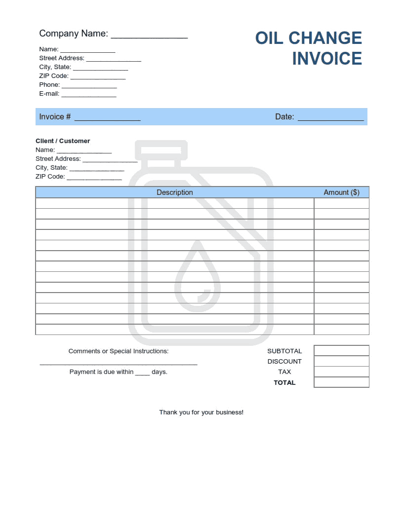 Oil Change Invoice Template Word | Excel | PDF