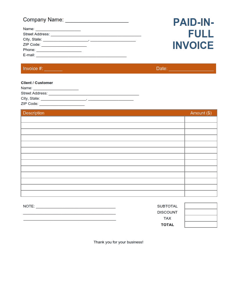 Paid in Full Invoice Template Word | Excel | PDF