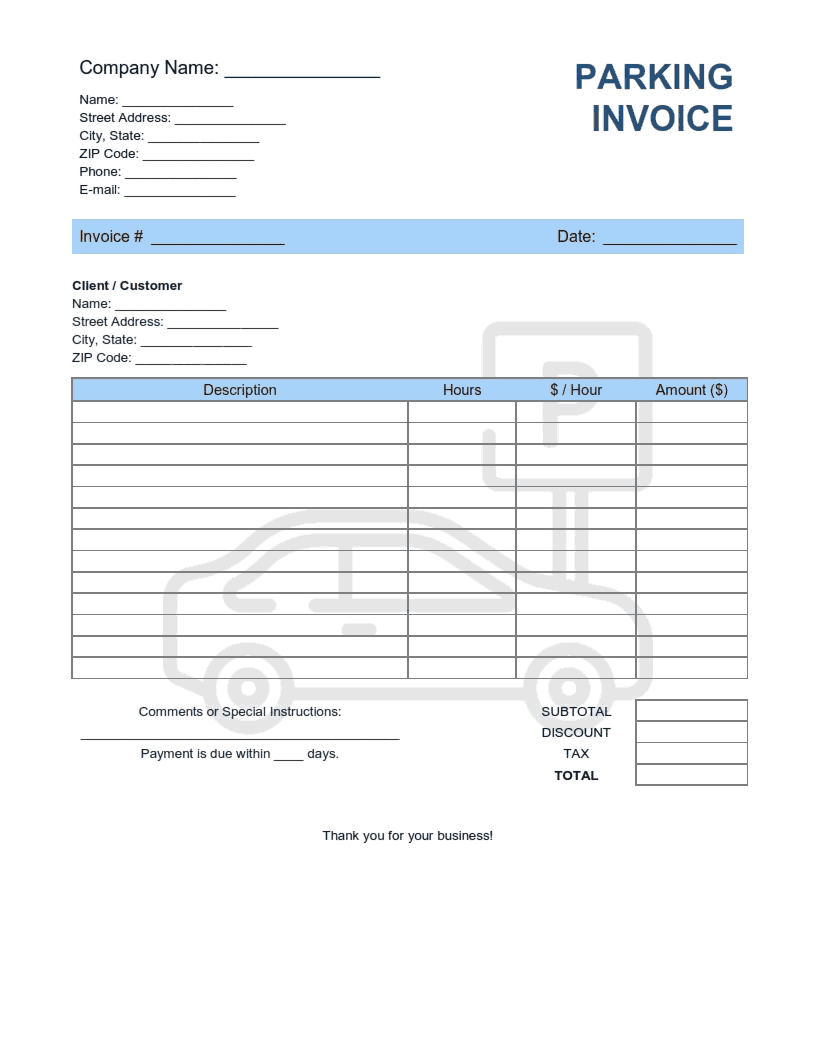 Parking Invoice Template Word | Excel | PDF