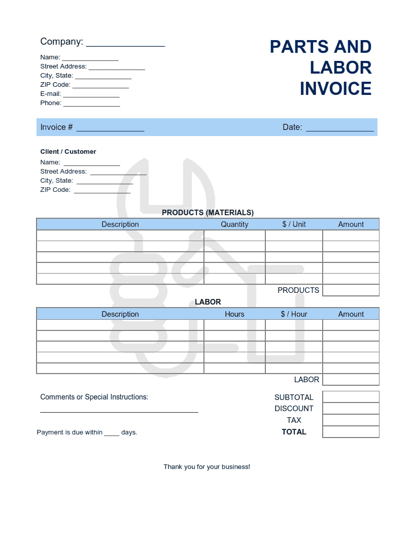 Parts and Labor Invoice Template Word | Excel | PDF