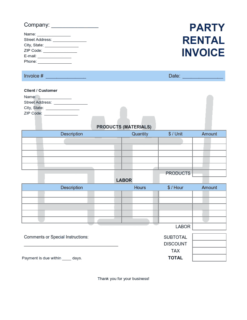 Party Rental Invoice Template Word | Excel | PDF