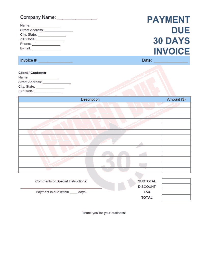 Payment Due 30 Days Invoice Template Word | Excel | PDF
