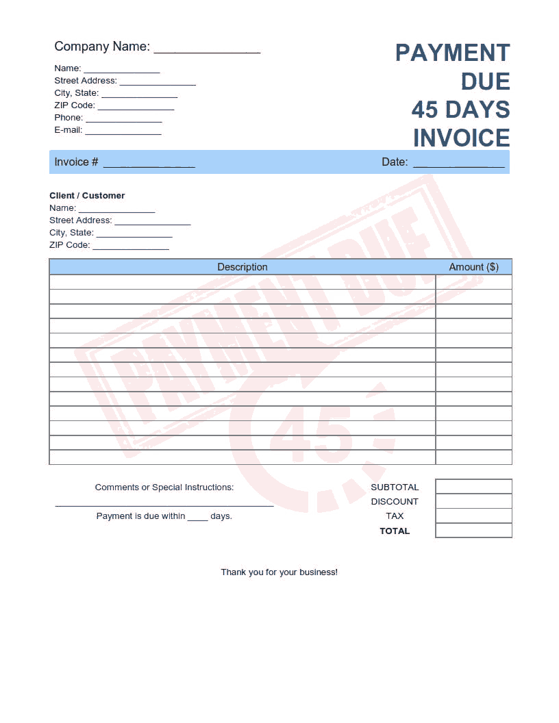 Payment Due 45 Days Invoice Template Word | Excel | PDF