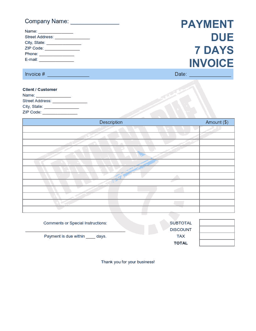 Payment Due 7 Days Invoice Template Word | Excel | PDF