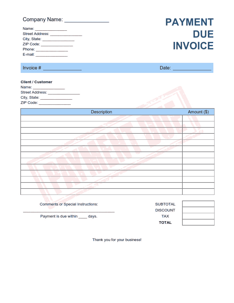 Free Download PDF Books, Payment Due Invoice Template Word | Excel | PDF