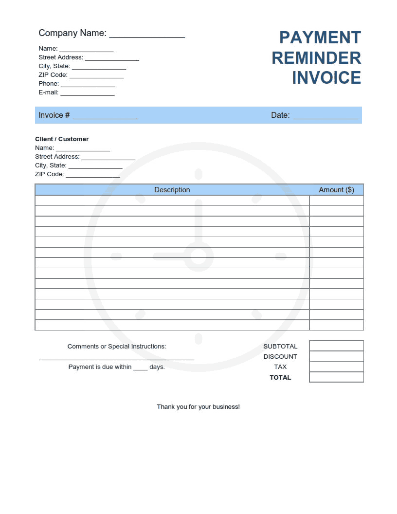 Payment Reminder Invoice Template Word | Excel | PDF