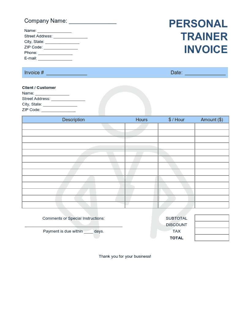 Personal Trainer Invoice Template Word | Excel | PDF