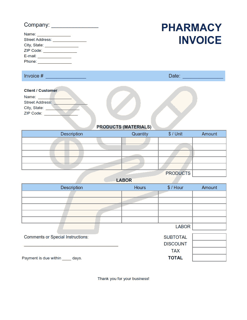 Pharmacy Invoice Template Word | Excel | PDF