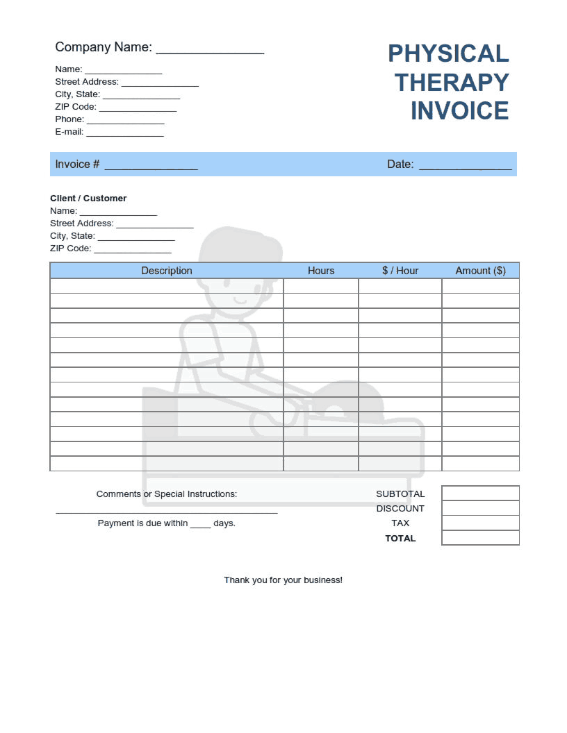 Physical Therapy Invoice Template Word | Excel | PDF