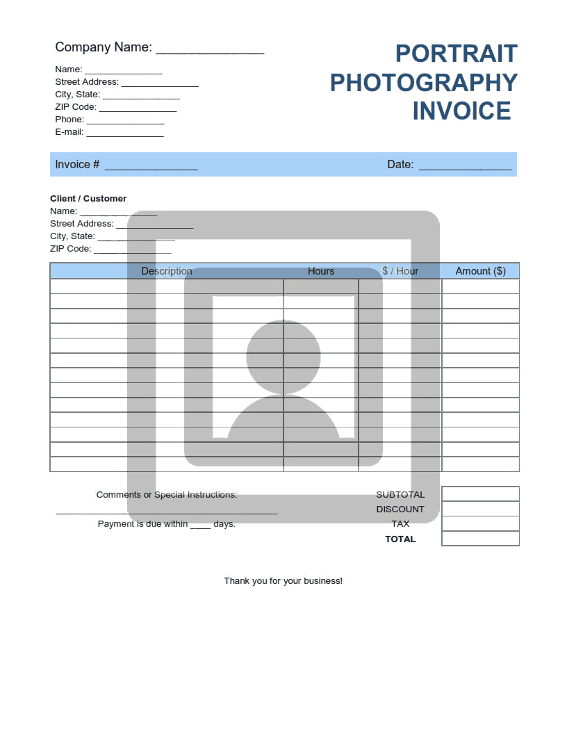 Portrait Photography Invoice Template Word | Excel | PDF
