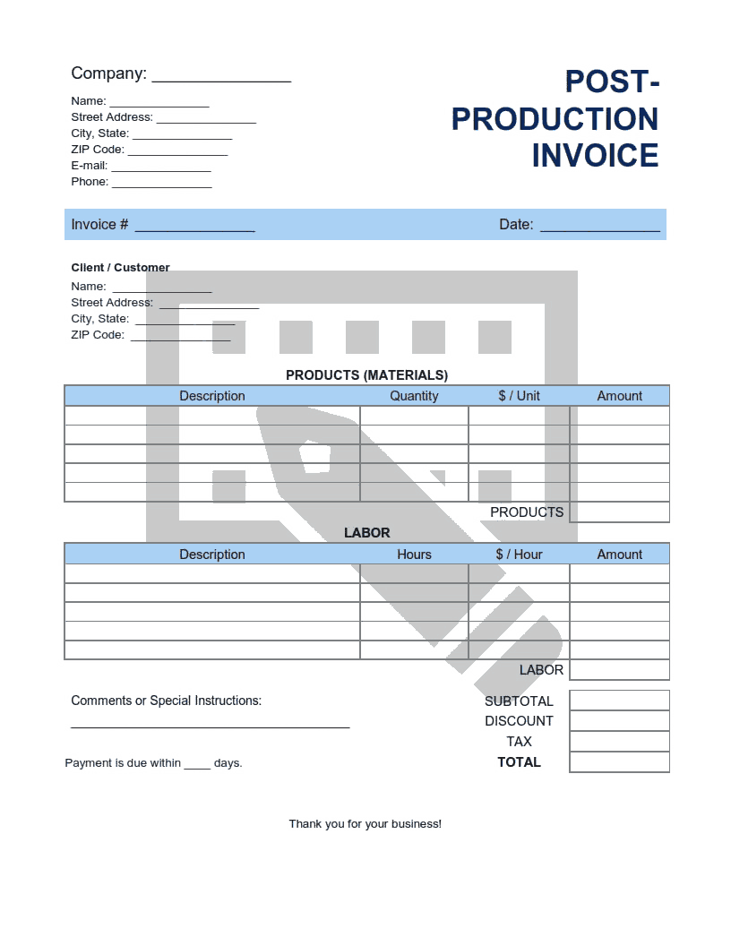Post Production Invoice Template Word | Excel | PDF