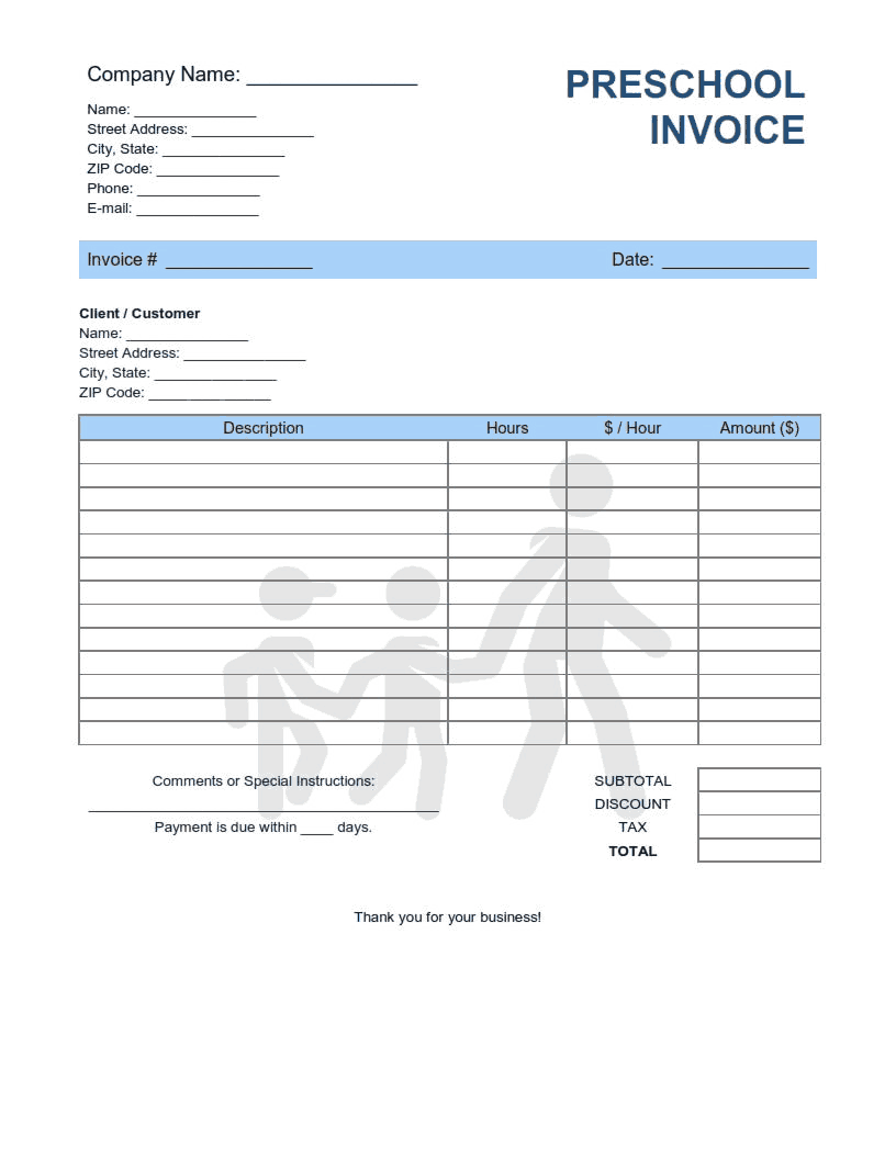 Preschool Invoice Template Word | Excel | PDF
