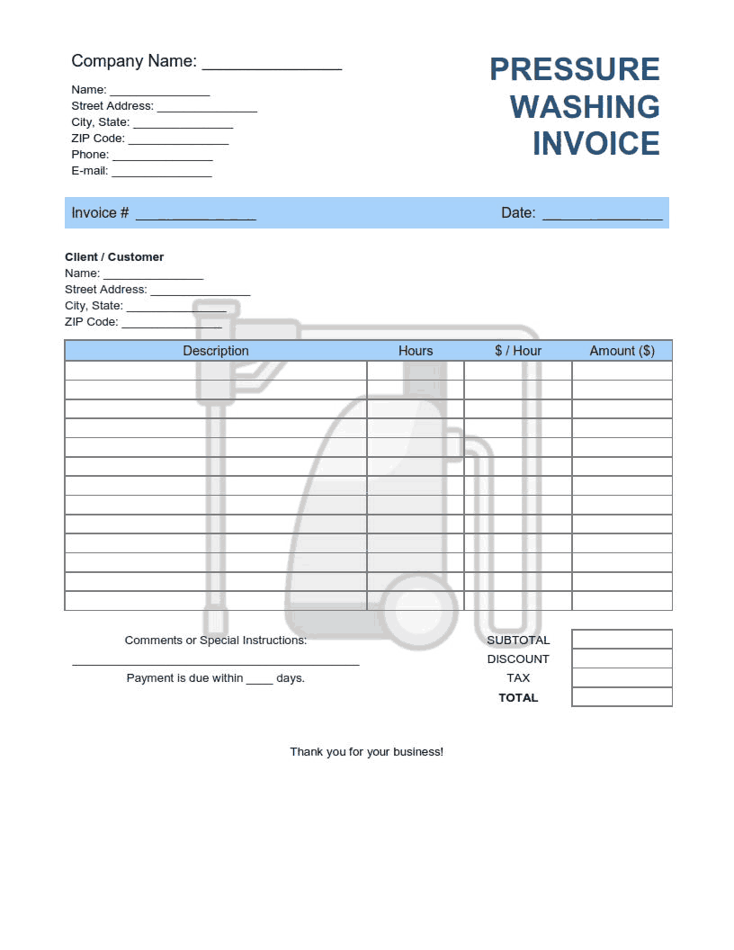 Pressure Washing Invoice Template Word Excel PDF Free Download
