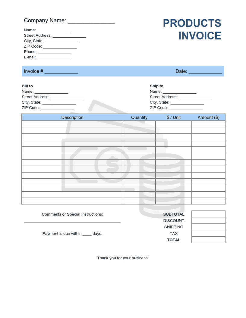 Free Download PDF Books, Products Invoice Template with Shipping Word | Excel | PDF