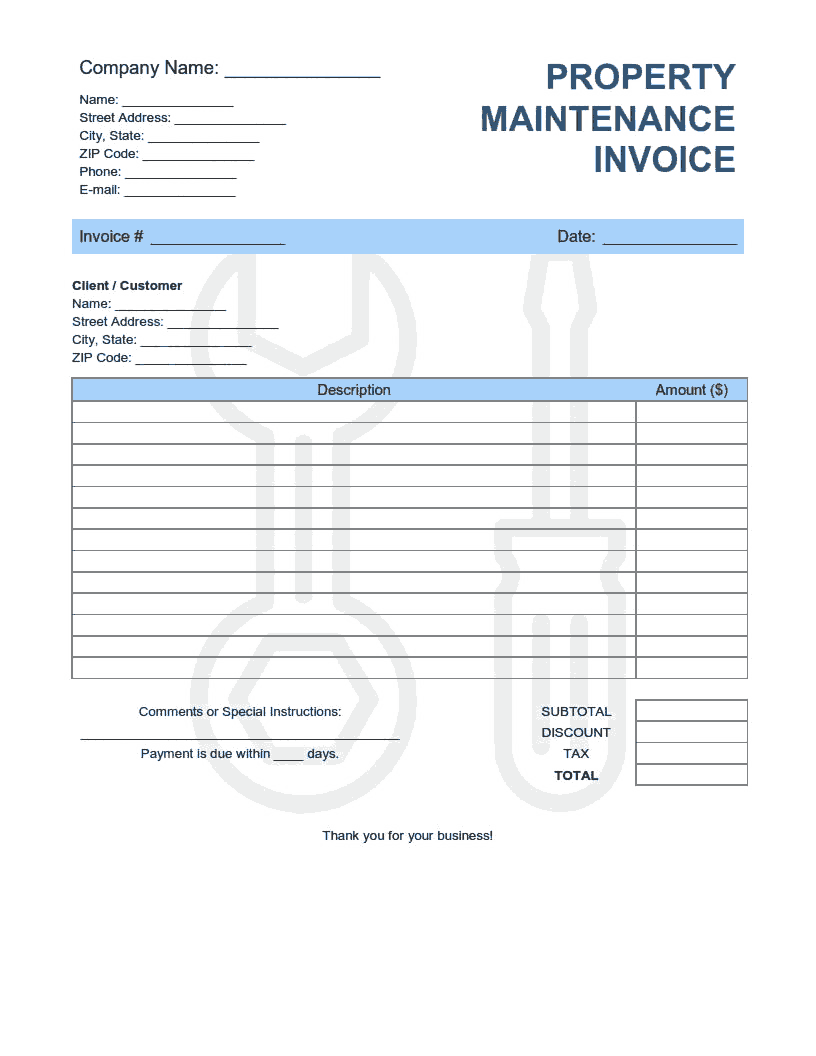 Property Maintenance Invoice Template Word | Excel | PDF