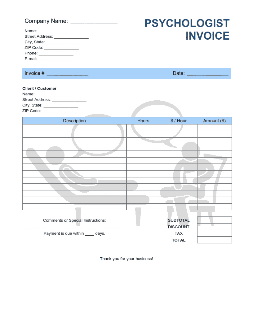 Psychologist Invoice Template Word | Excel | PDF