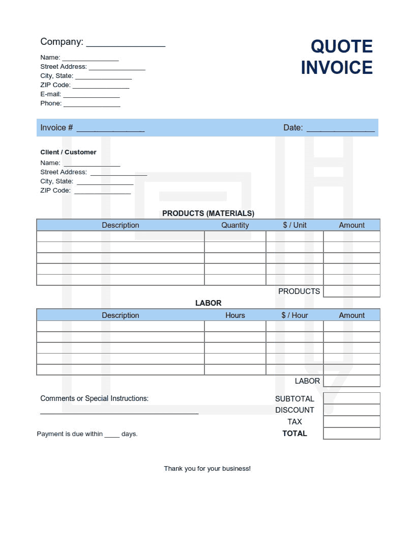 Quote Invoice Template Word | Excel | PDF