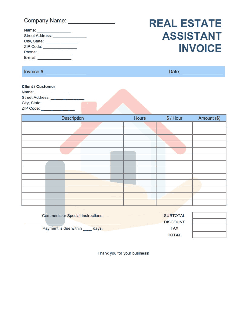 Real Estate Assistant Invoice Template Word | Excel | PDF