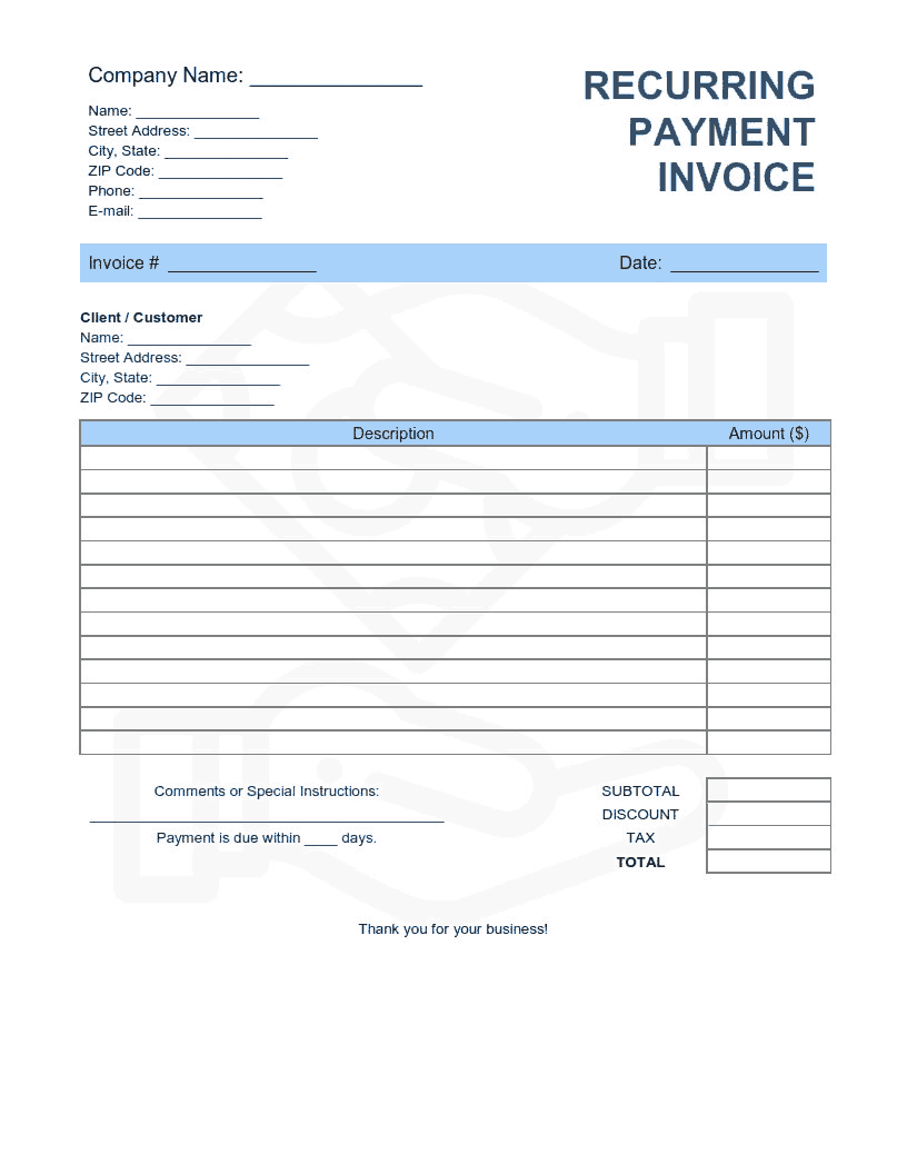 Recurring Payment Invoice Template Word | Excel | PDF