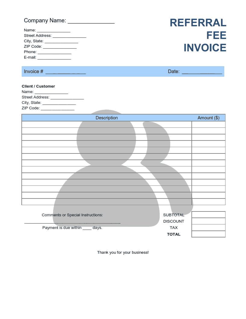 Referral Fee Invoice Template Word | Excel | PDF