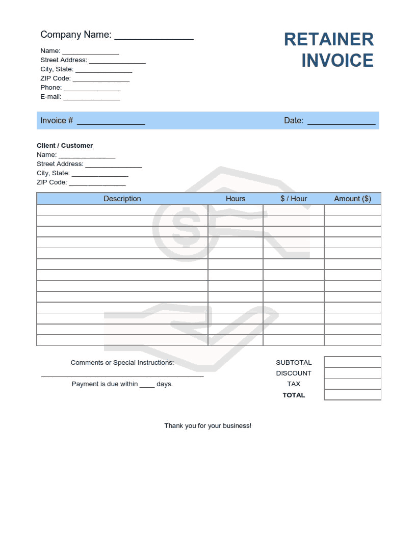 Retainer Invoice Template Word | Excel | PDF