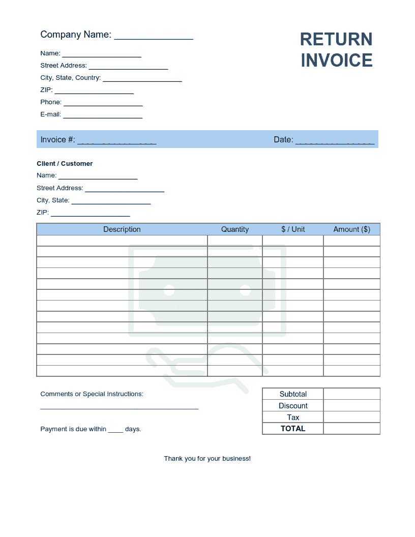 Return Invoice Template Word | Excel | PDF