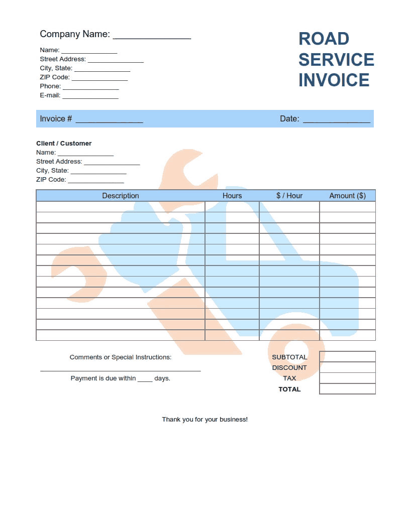 Road Service Invoice Template Word | Excel | PDF