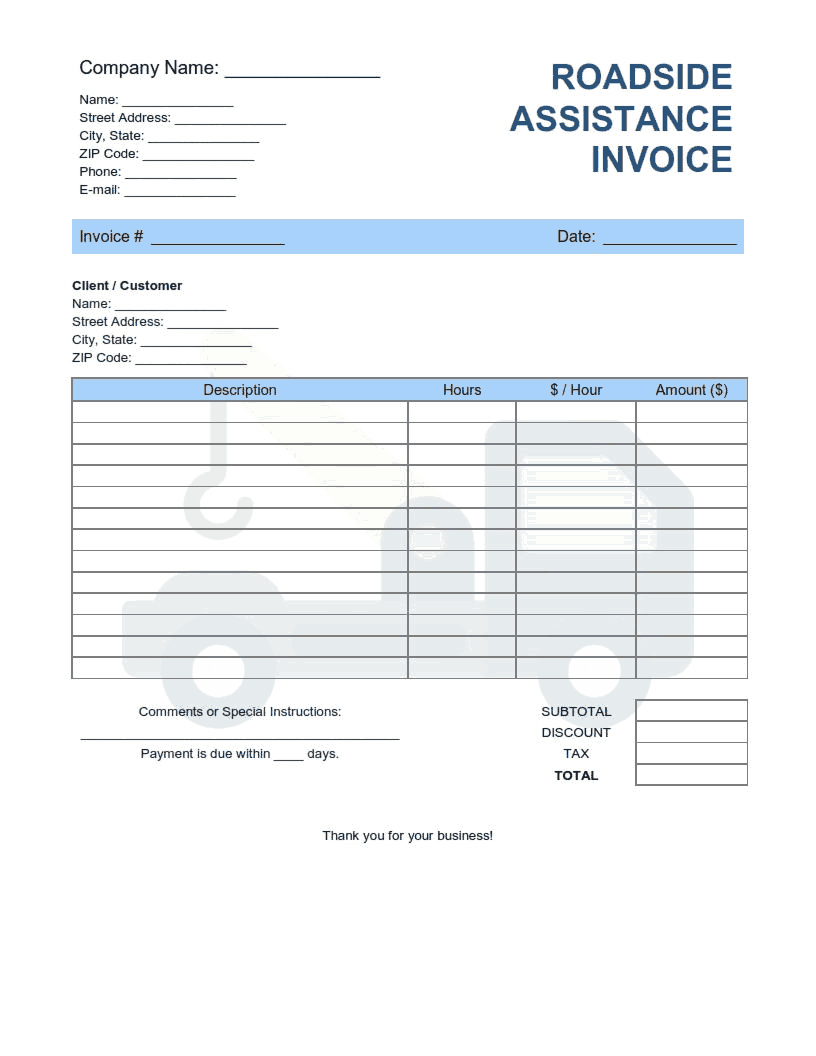 Roadside Assistance Invoice Template Word | Excel | PDF