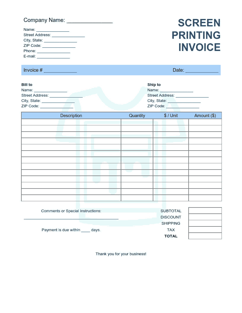 Screen Printing Invoice Template Word | Excel | PDF